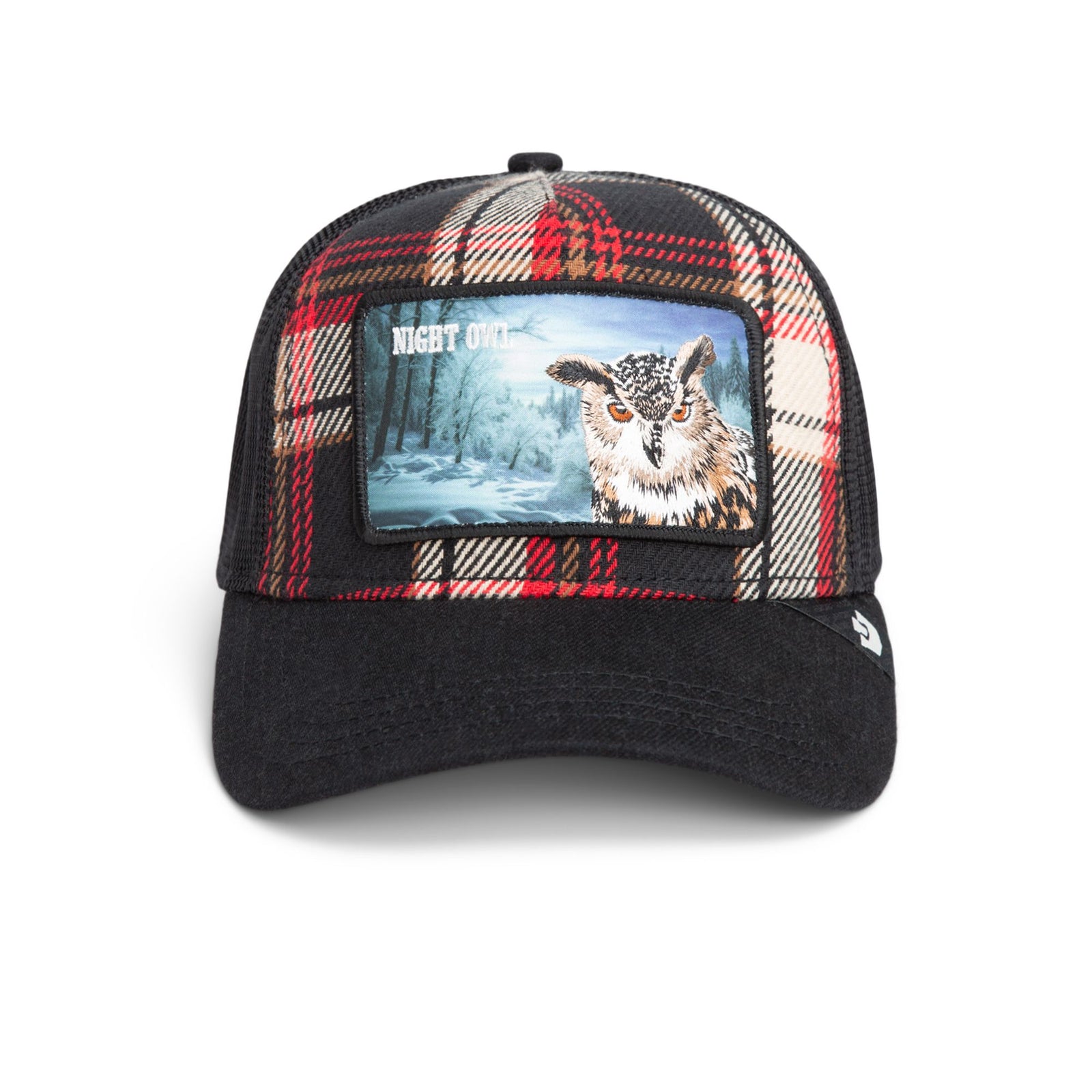 Goorin Cabin Fever Trucker Hat with red plaid panels and an owl patch for outdoor adventure