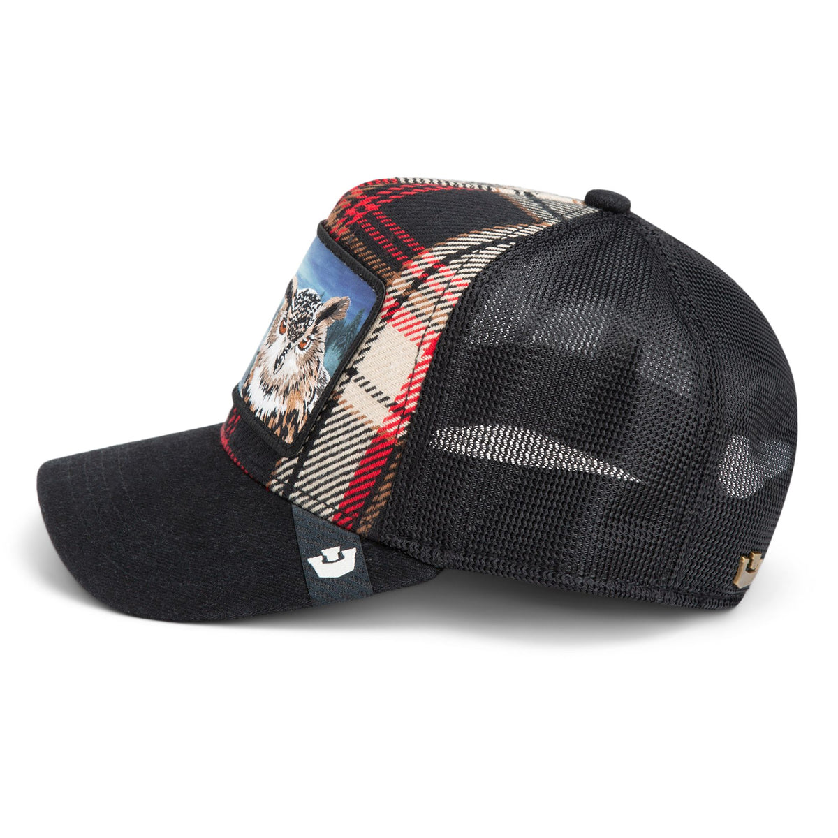 Goorin Cabin Fever Trucker Hat with red plaid panels and an owl patch, black mesh back.