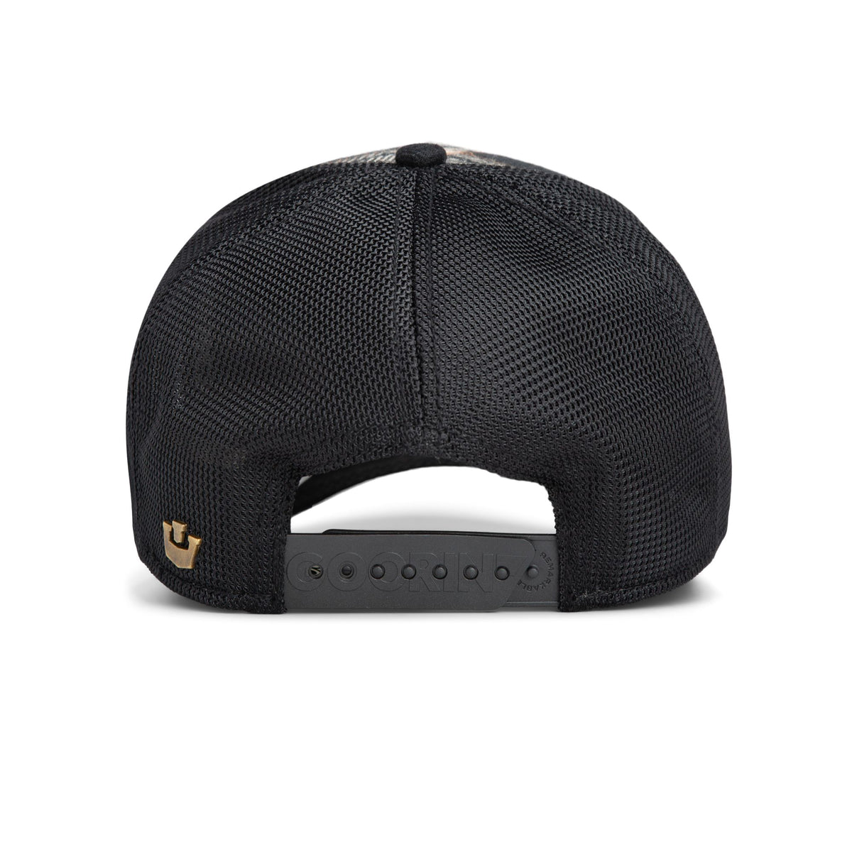 Goorin Cabin Fever Trucker Hat back view — red plaid design with an owl patch.