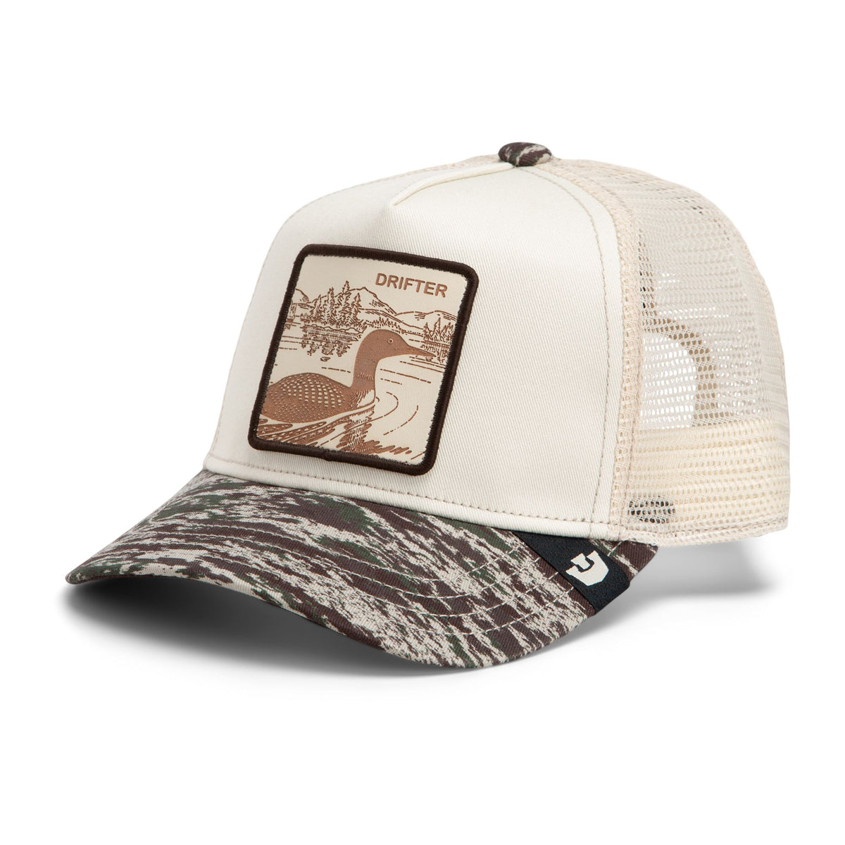 Cream trucker hat with camo brim and engraved Drifter duck landscape patch from The Animal Farm collection.