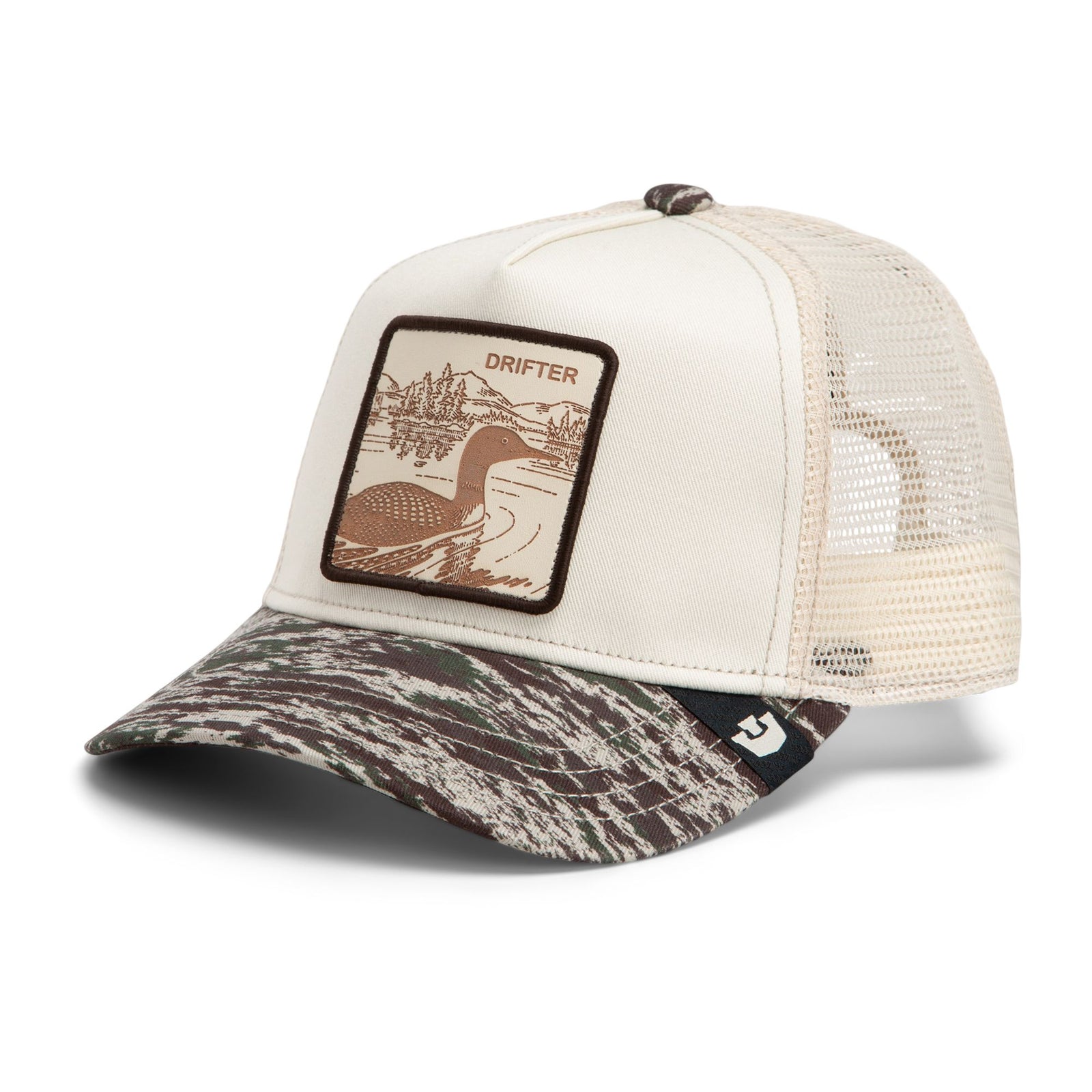 Cream trucker hat with camo brim and engraved Drifter duck landscape patch from The Animal Farm collection.