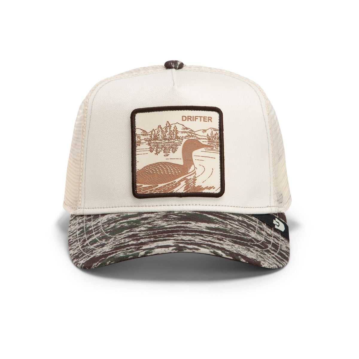 Cream trucker hat with camo brim featuring an engraved "DRIFTER" duck landscape patch from The Animal Farm collection.