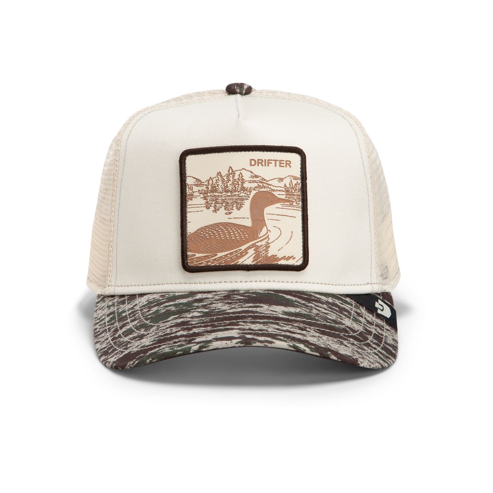 Cream trucker hat with camo brim featuring an engraved "DRIFTER" duck landscape patch from The Animal Farm collection.