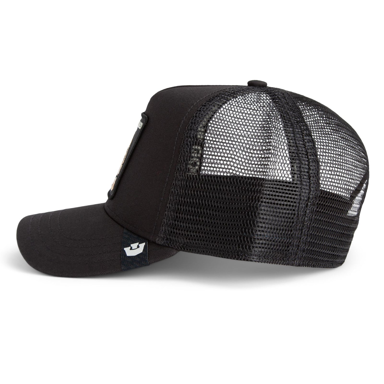 Goorin Cancelled Skull Trucker Hat with a bold skull design, black front, and mesh back.