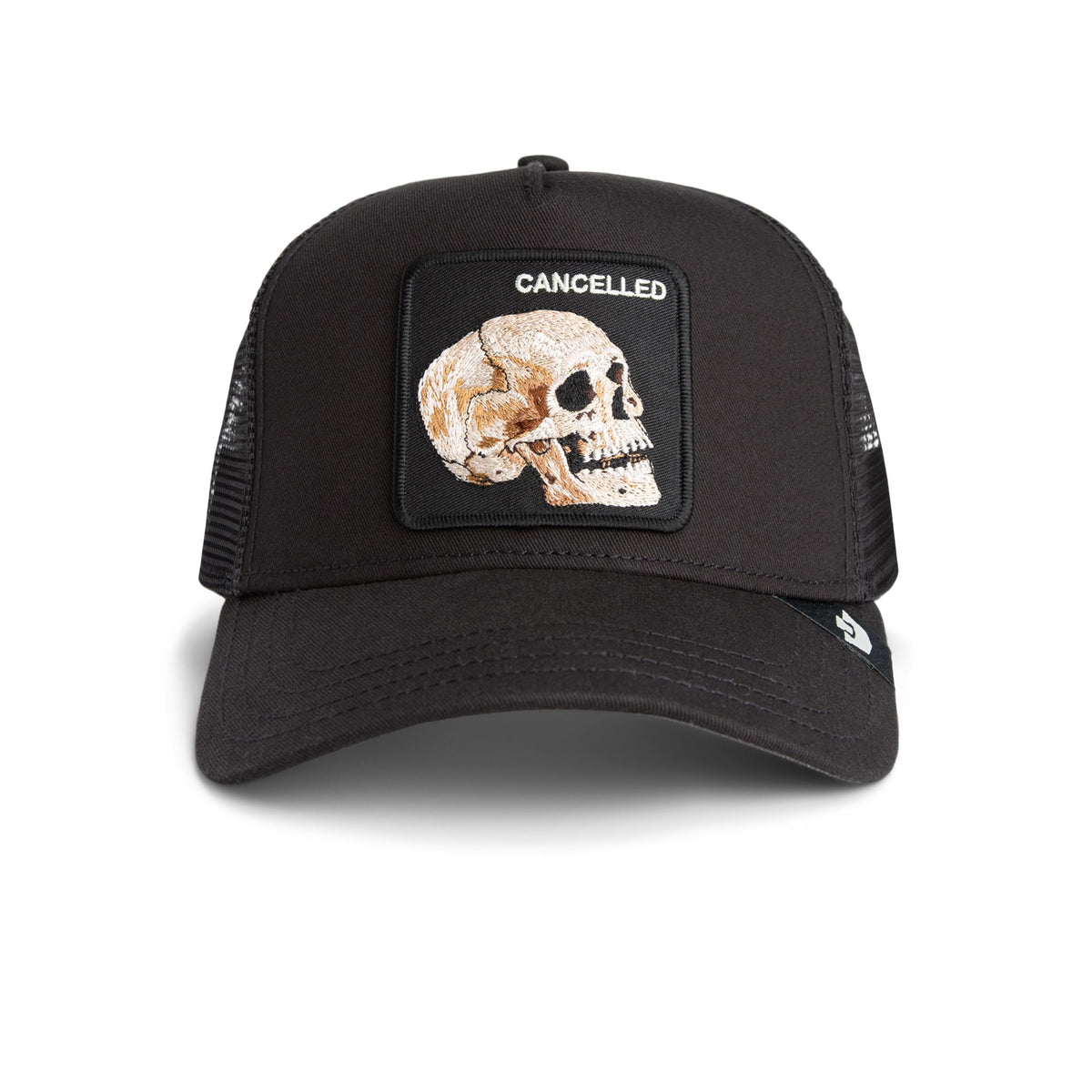 Goorin Cancelled Skull Trucker Hat - black front, mesh back, skull patch.