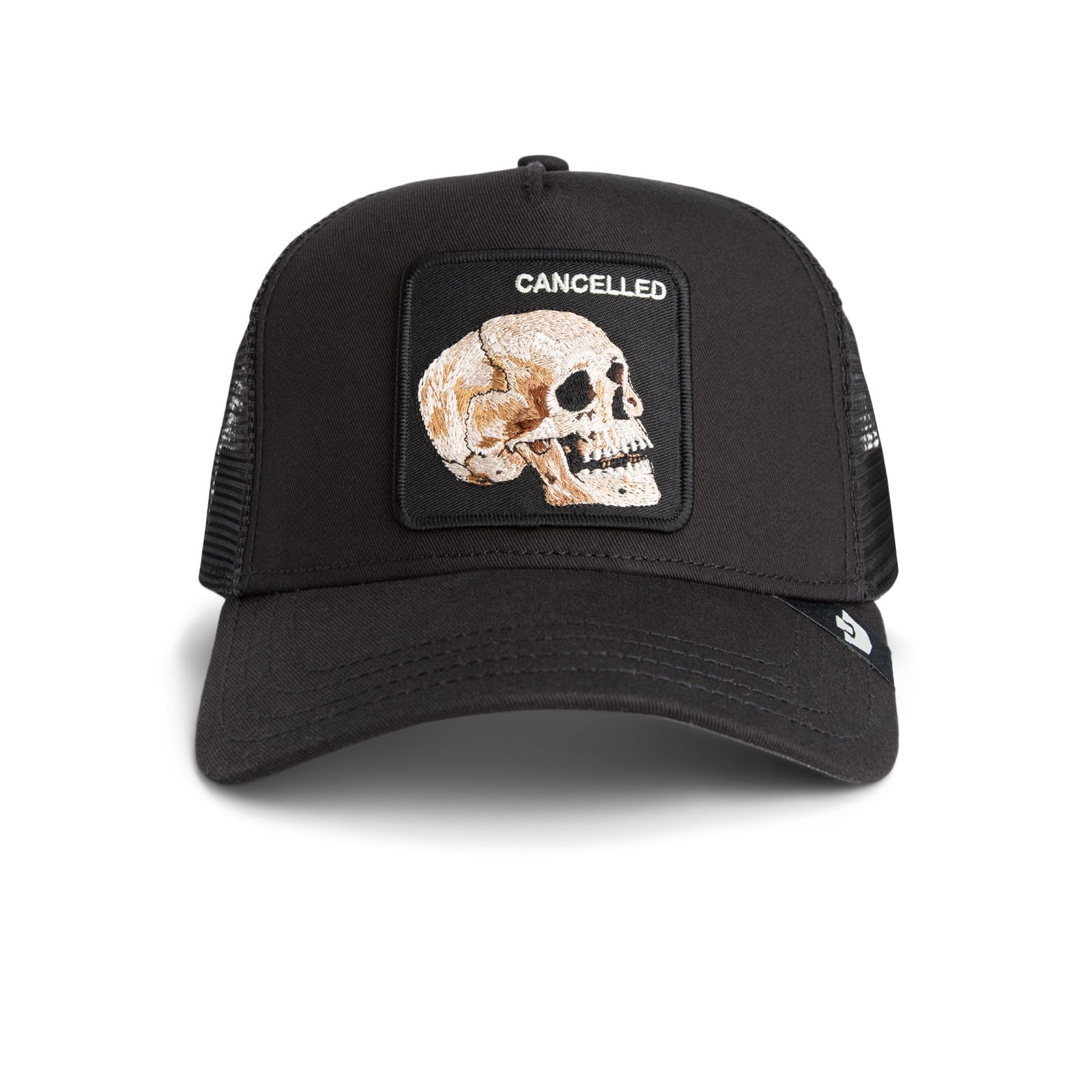 Goorin Cancelled Skull Trucker Hat - black front, mesh back, skull patch.