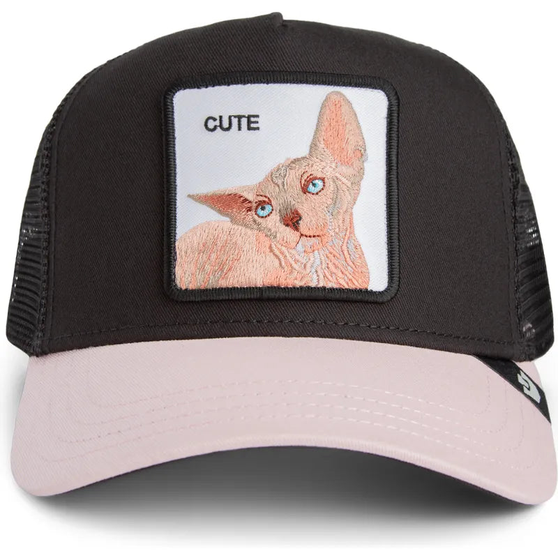 Goorin Sphynx Trucker Hat: black crown, blush pink brim, with a cute cat patch.