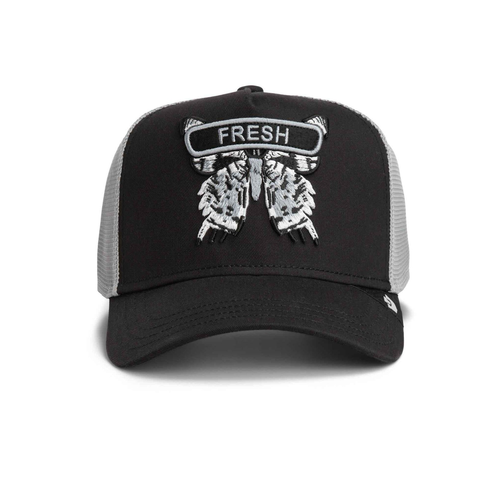 Goorin Classic Rocker Trucker Hat: black front, gray mesh back, embroidered 'FRESH' moth patch.