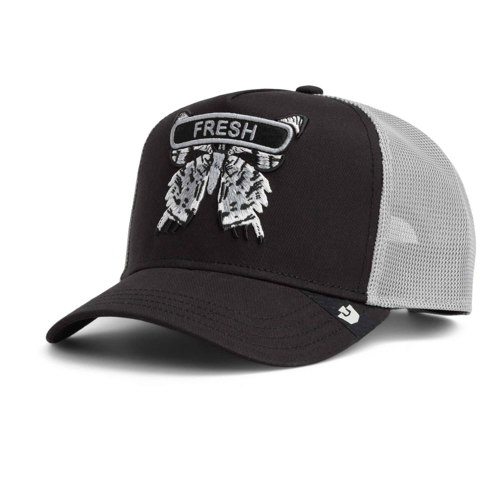 Goorin Classic Rocker Trucker Hat: black front, gray mesh back, embroidered 'FRESH' moth patch.