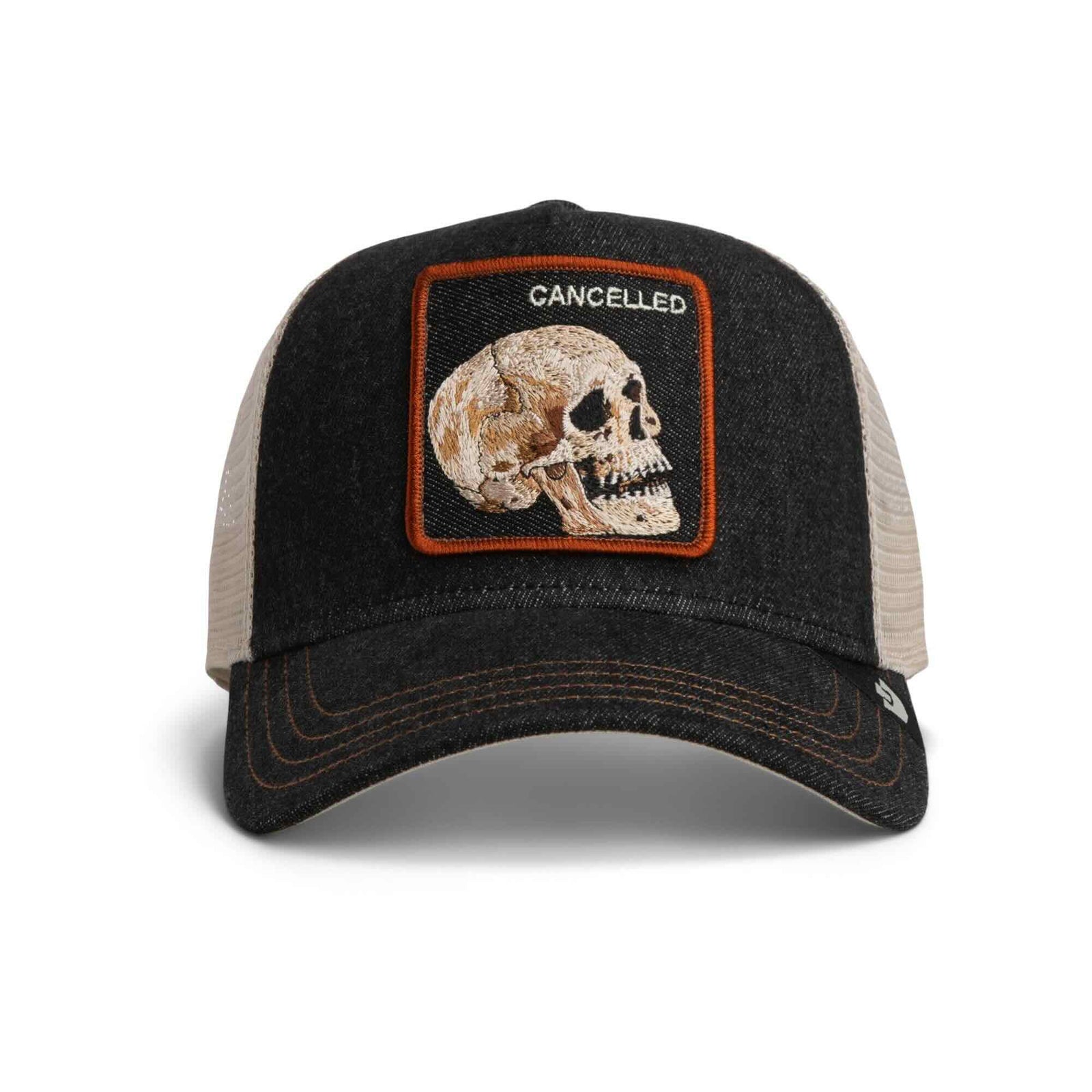 Goorin Denim Skull Trucker Hat, black denim front, beige mesh back, orange-bordered skull patch with CANCELLED.
