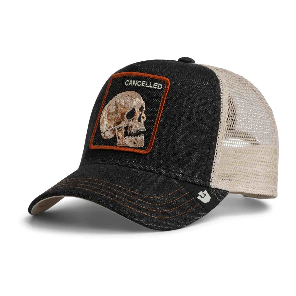 Goorin Denim Skull Trucker Hat with black denim front, beige mesh back, orange-bordered skull patch saying CANCELED.