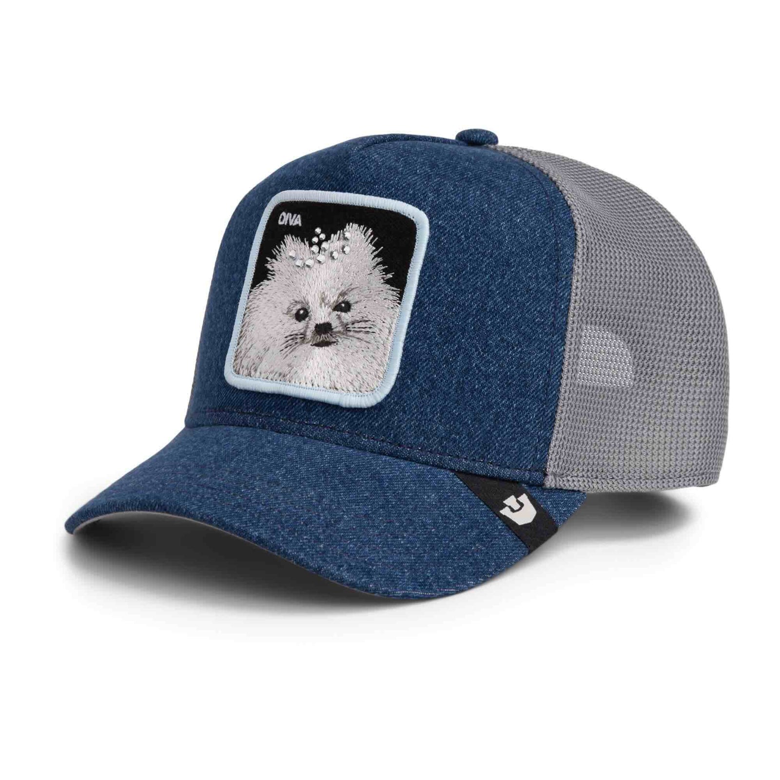Goorin Diva Dawg Trucker Hat with blue denim front, gray mesh back, and a fluffy DIVA dog patch.
