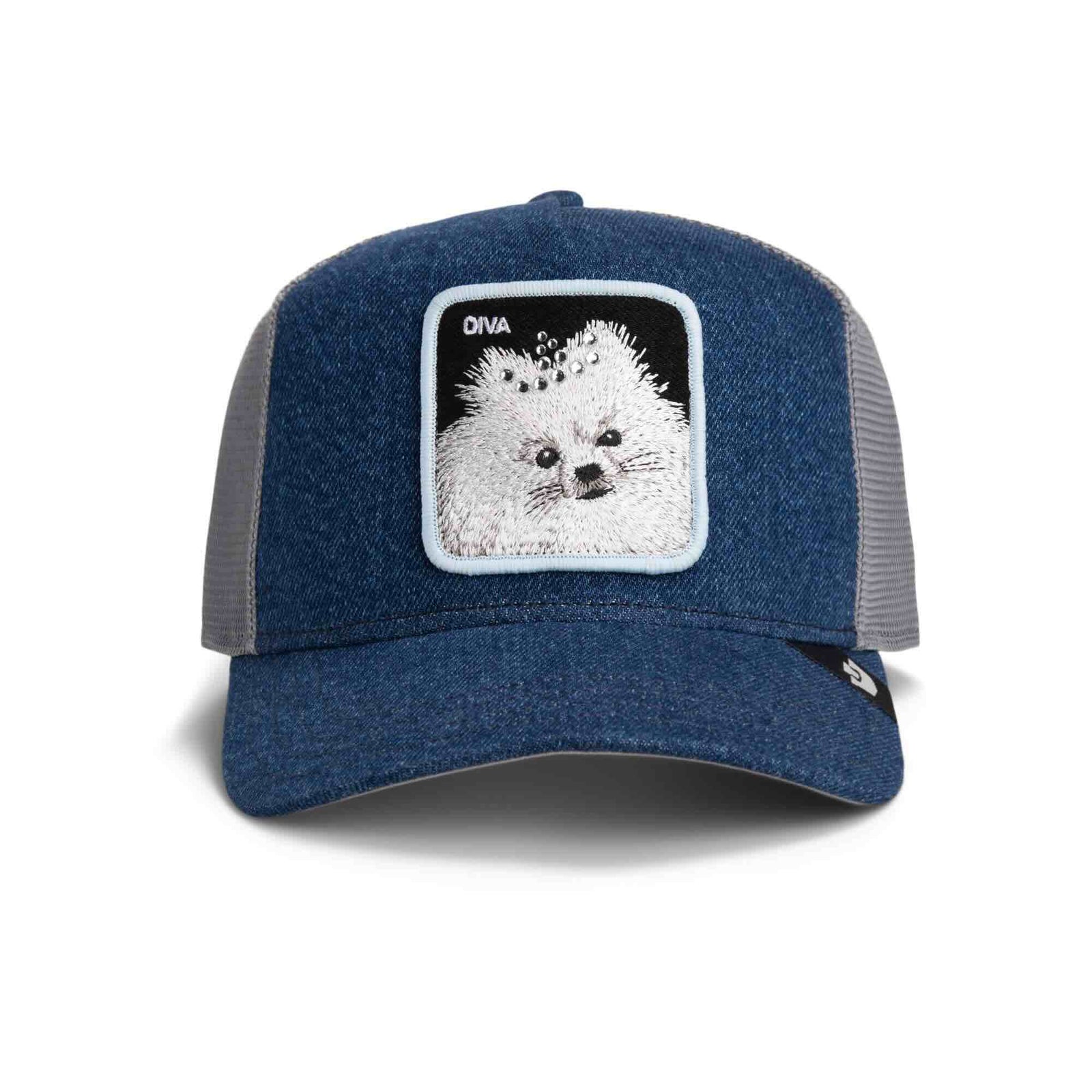 Goorin Diva Dawg Trucker Hat with blue denim front, gray mesh back, and a fluffy DIVA dog patch.