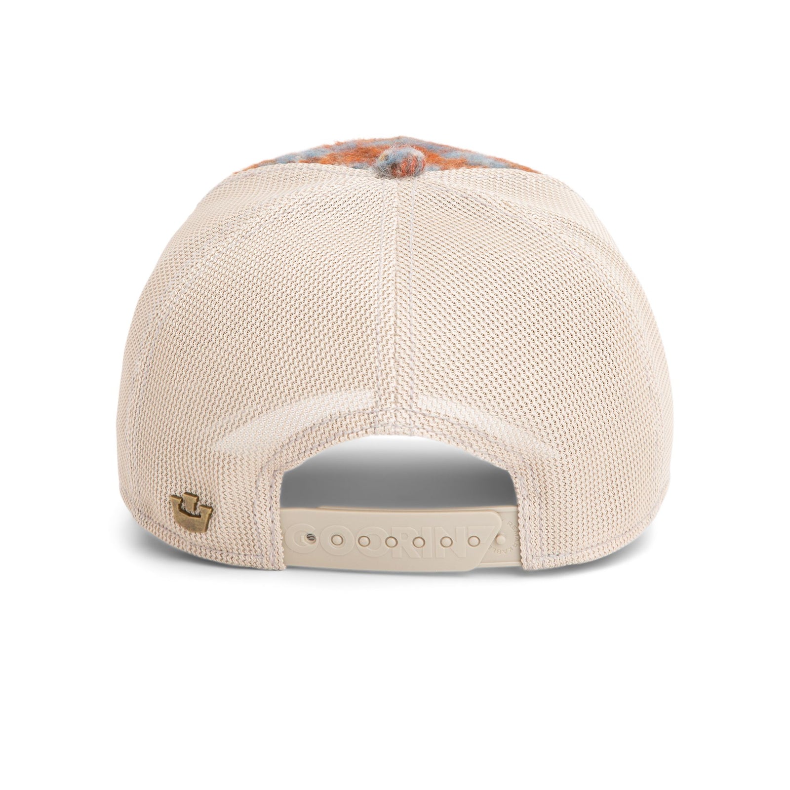 Goorin Down by the River Trucker Hat - beige mesh trucker with adjustable strap.