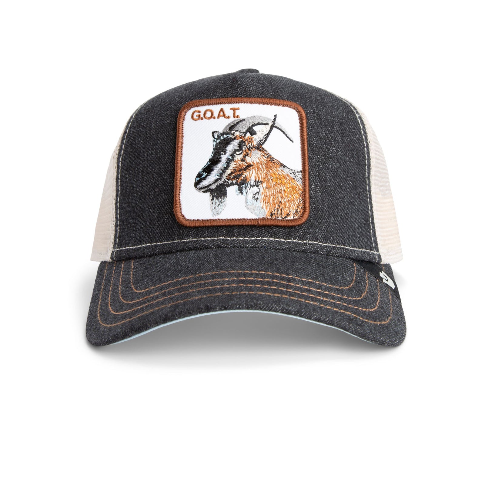 Goorin G.O.A.T Goat Trucker Hat - dark denim with goat patch, curved brim, mesh back, bold street style.