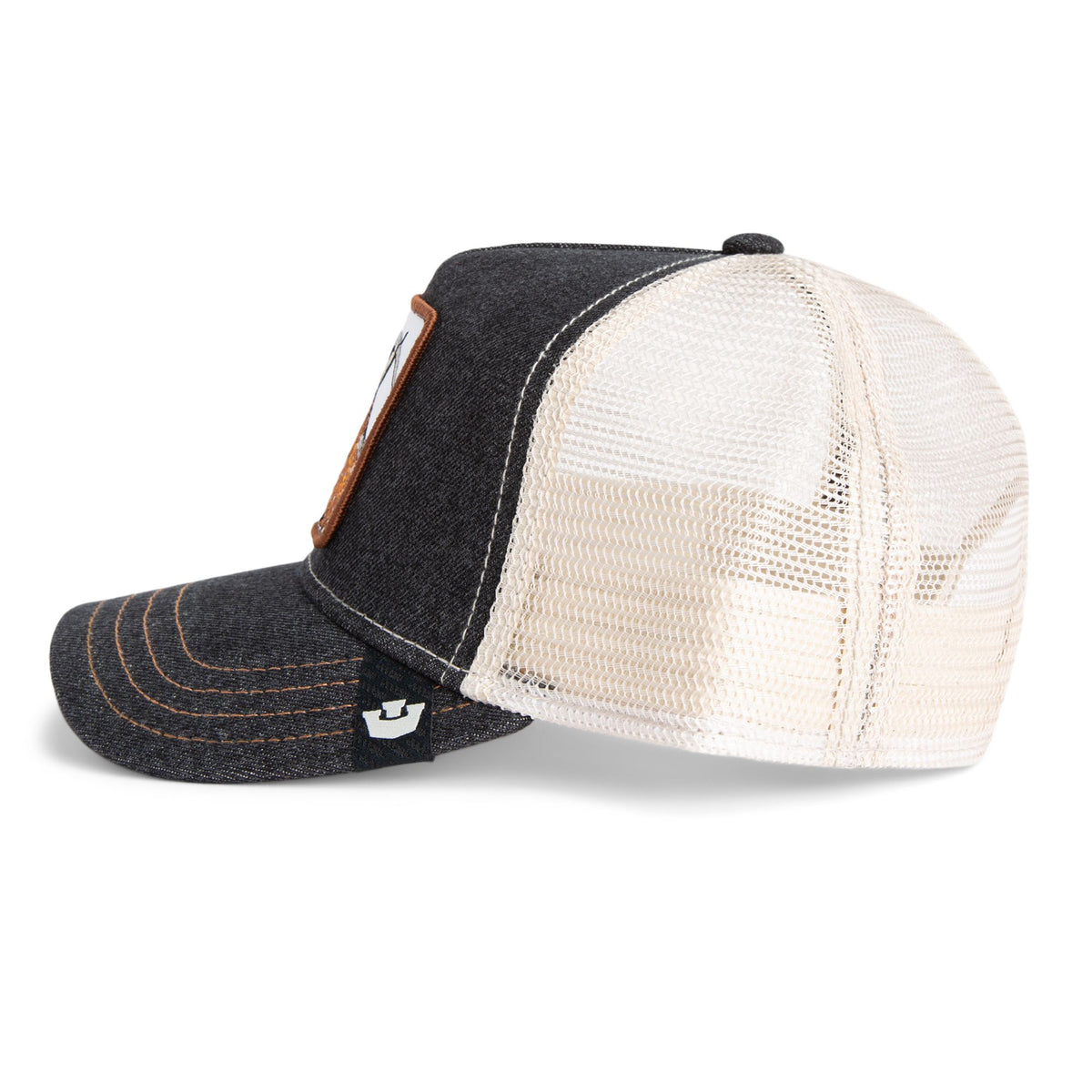 Goorin G.O.A.T Goat Trucker Hat in dark denim front with beige mesh back and brown patch.