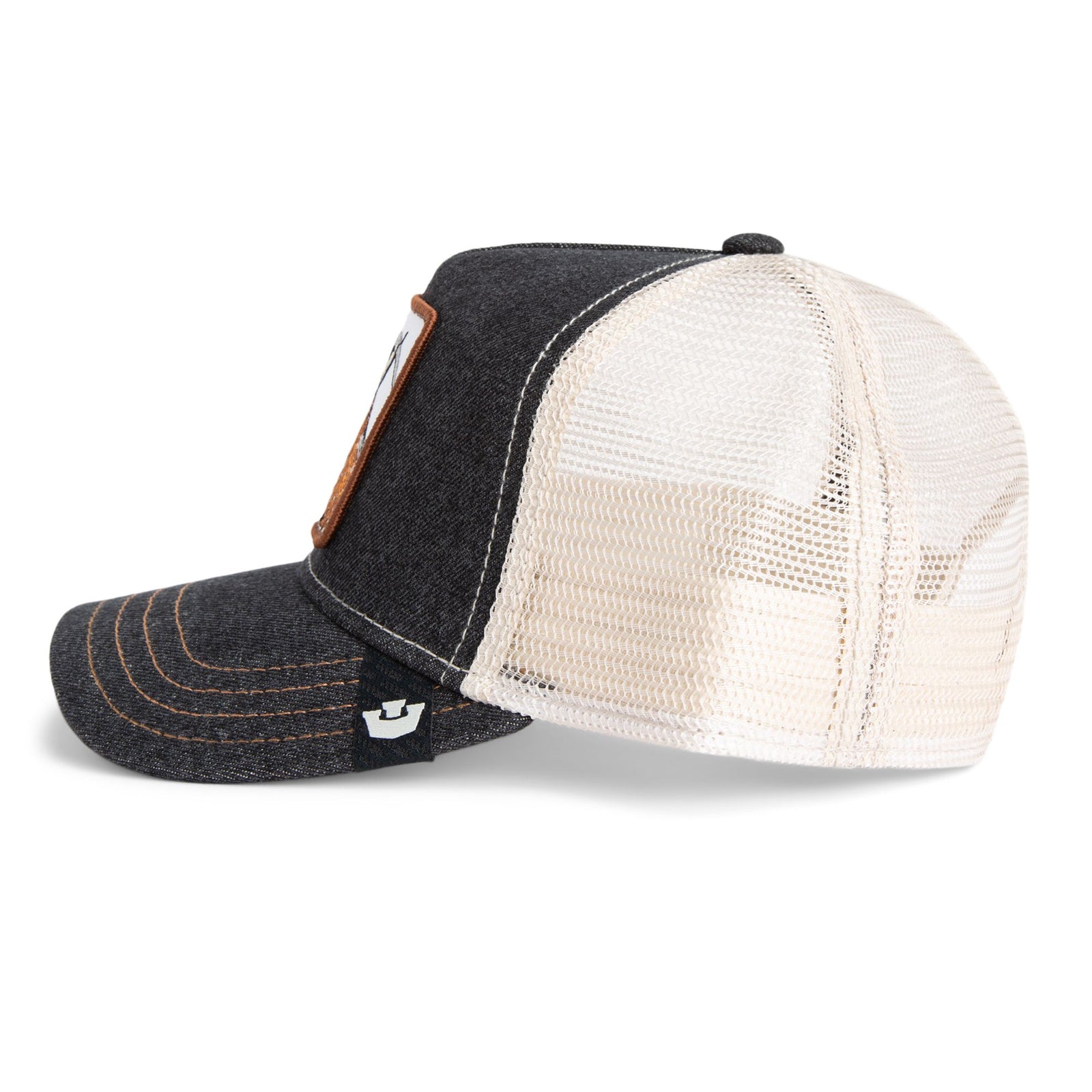 Goorin G.O.A.T Goat Trucker Hat in dark denim front with beige mesh back and brown patch.