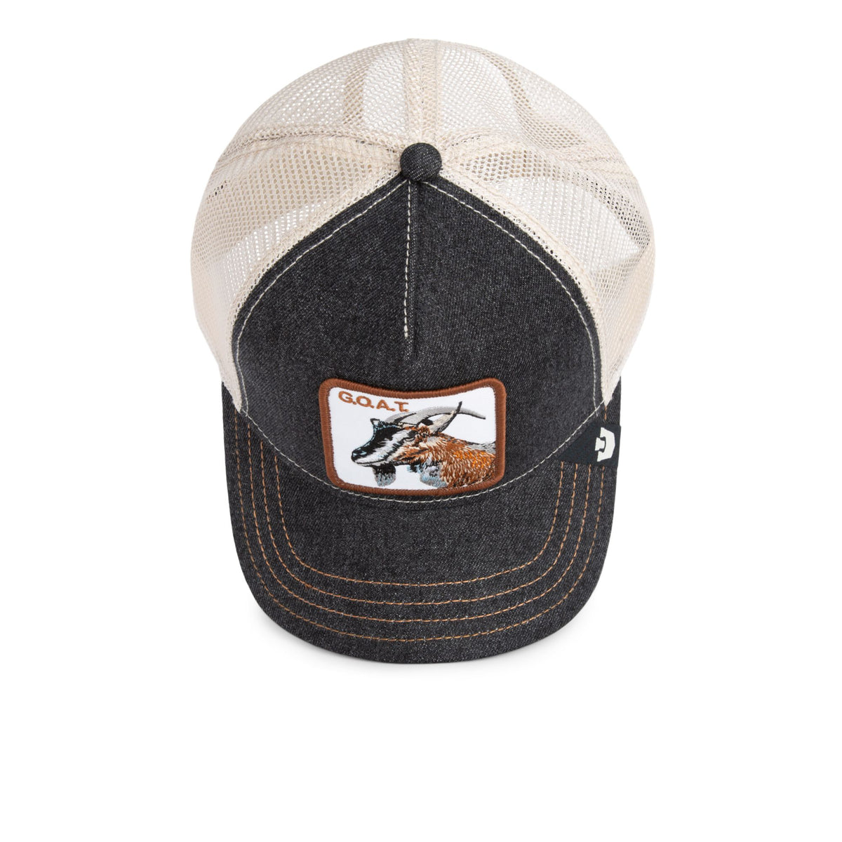 Goorin G.O.A.T Goat Trucker Hat with dark denim front, beige mesh back and goat patch.