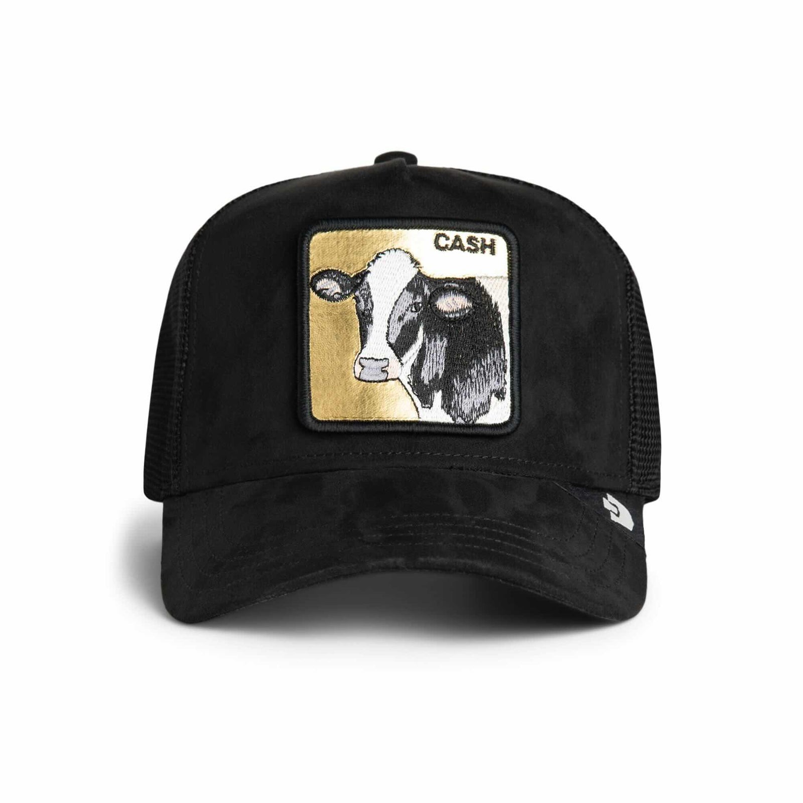 Goorin Golden Cow Trucker Hat in black suede with a gold-backed CASH cow patch.