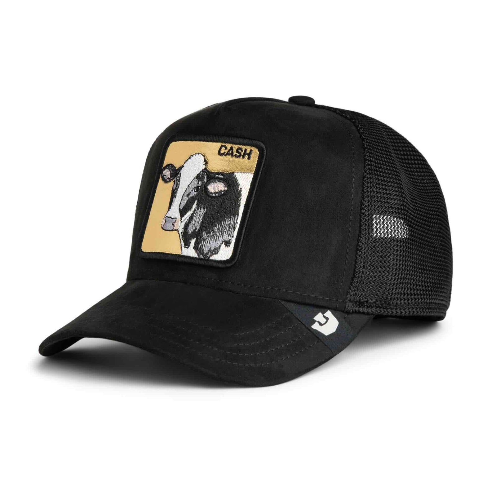 Goorin Golden Cow Trucker Hat in black suede with a gold-backed CASH cow patch.