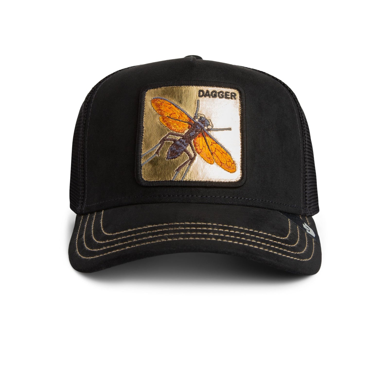 Goorin Golden Dagger Trucker Hat — black trucker cap with a gold-winged dragonfly patch.
