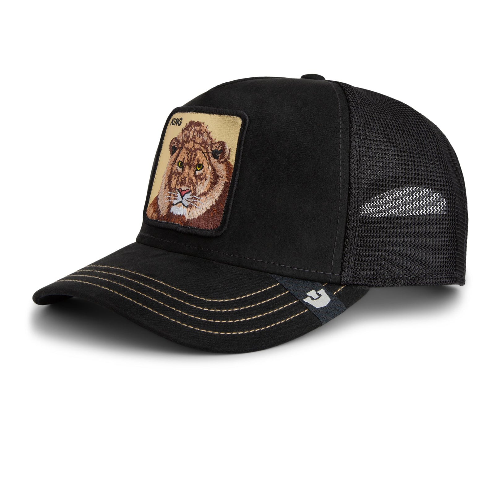 Goorin Golden King Trucker Hat featuring a gold lion patch on the black front panel.