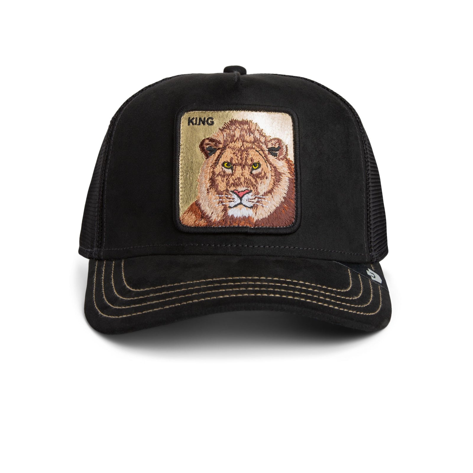 Goorin Golden King Trucker Hat featuring a gold lion patch on the black front panel.