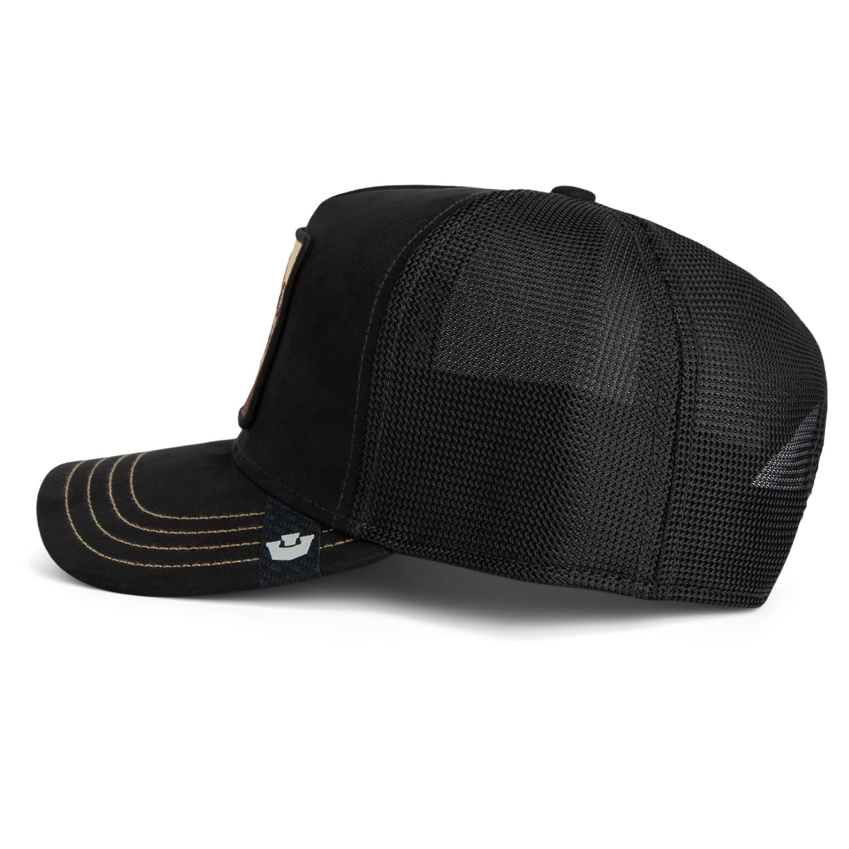 Goorin Golden King Trucker Hat, black front with golden lion emblem, mesh back, curved brim; 85% polyester, 15% cotton.