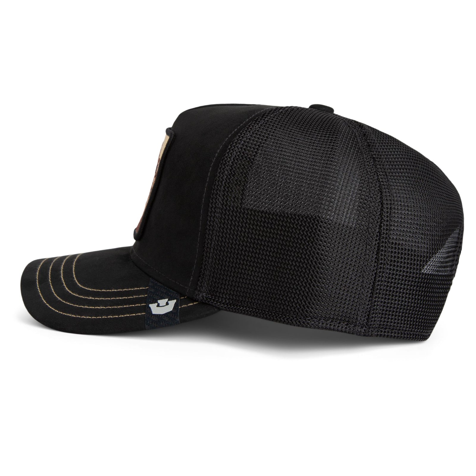 Goorin Golden King Trucker Hat, black front with golden lion emblem, mesh back, curved brim; 85% polyester, 15% cotton.