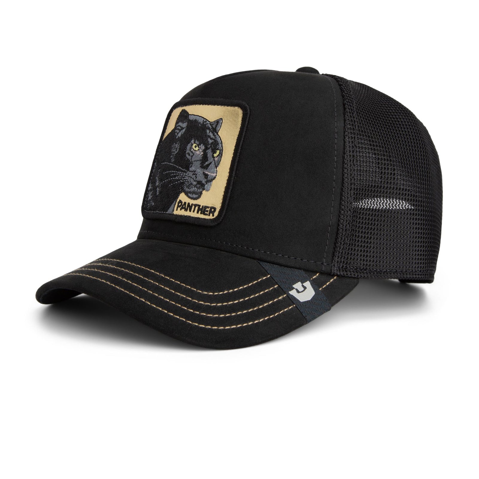 Goorin Golden Panther Trucker Hat with embroidered Panther patch, curved brim, breathable mesh back, button top
