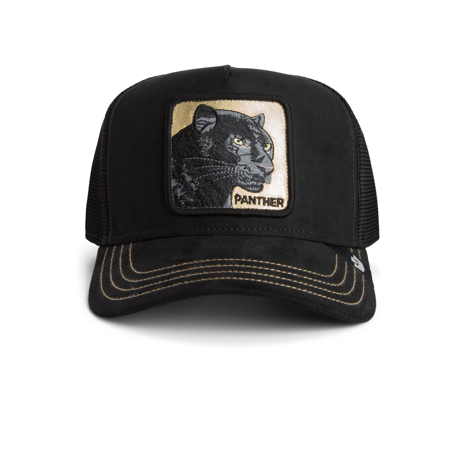 Goorin Golden Panther Trucker Hat with embroidered Panther patch, curved brim, breathable mesh back, button top