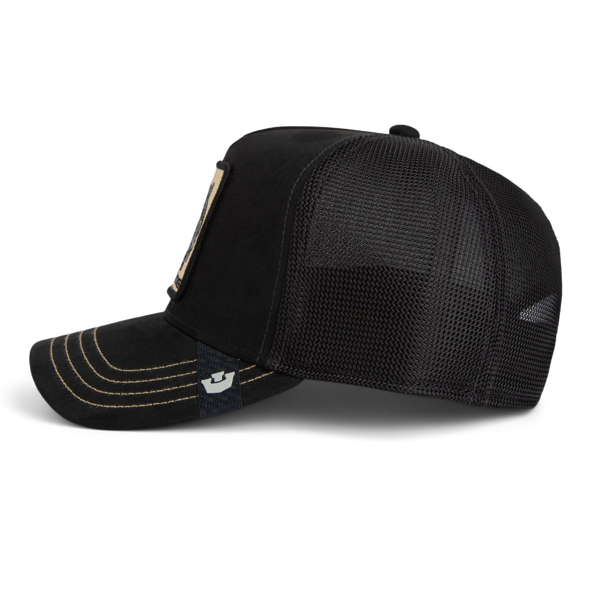 Goorin Golden Panther Trucker Hat with curved brim, Panther patch, breathable mesh back.