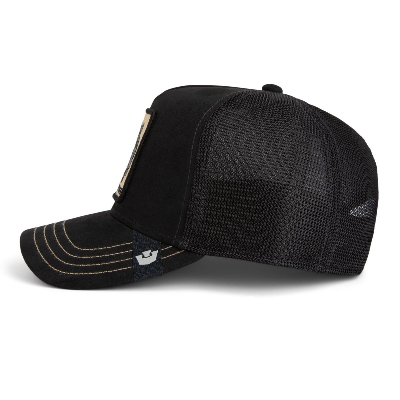 Goorin Golden Panther Trucker Hat with curved brim, Panther patch, breathable mesh back.
