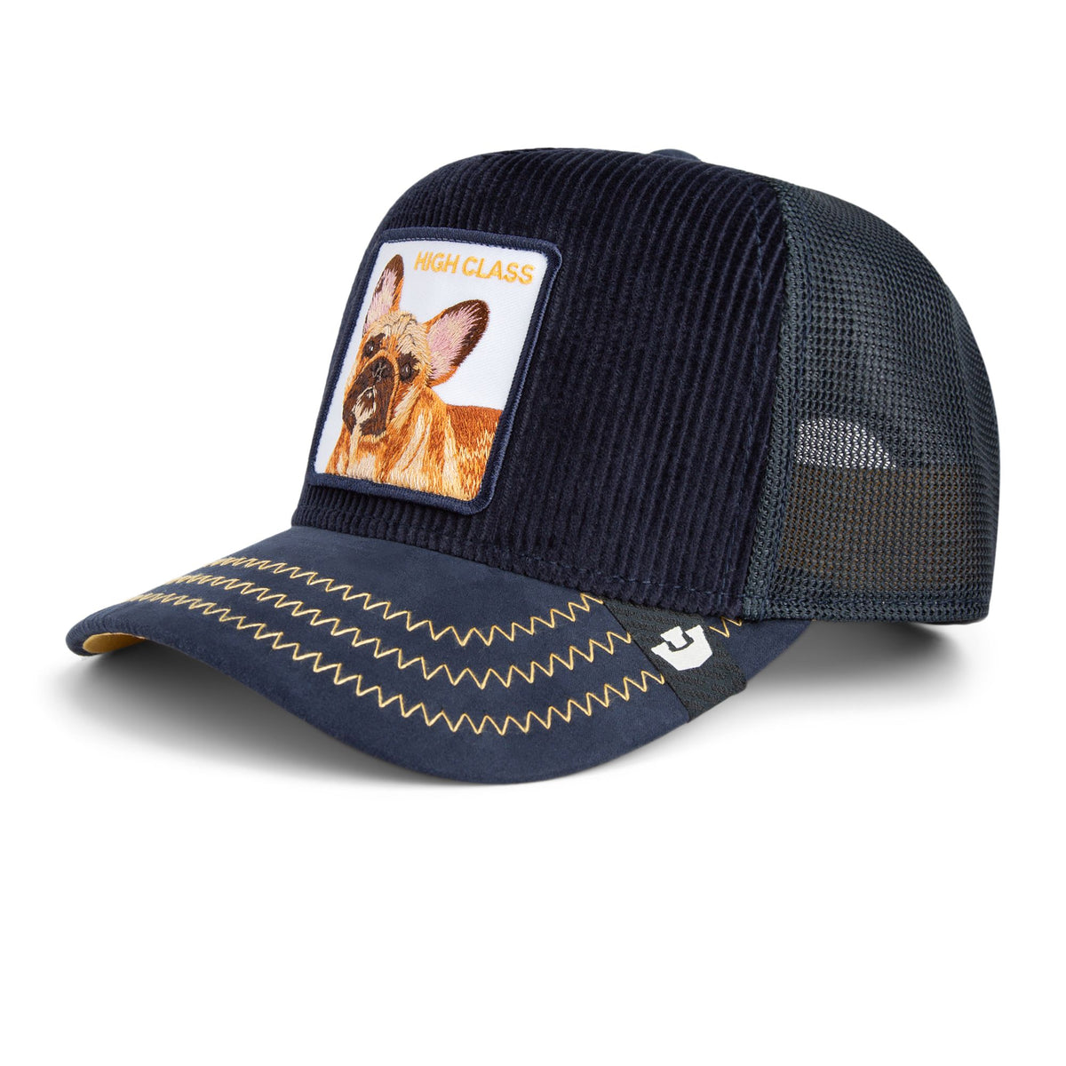 Goorin High Class Remix Trucker Hat in navy corduroy with gold stitching and Frenchie patch.