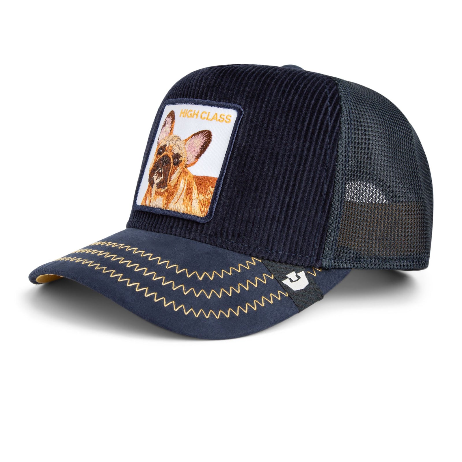 Goorin High Class Remix Trucker Hat - navy corduroy crown with gold stitching and a Frenchie patch.