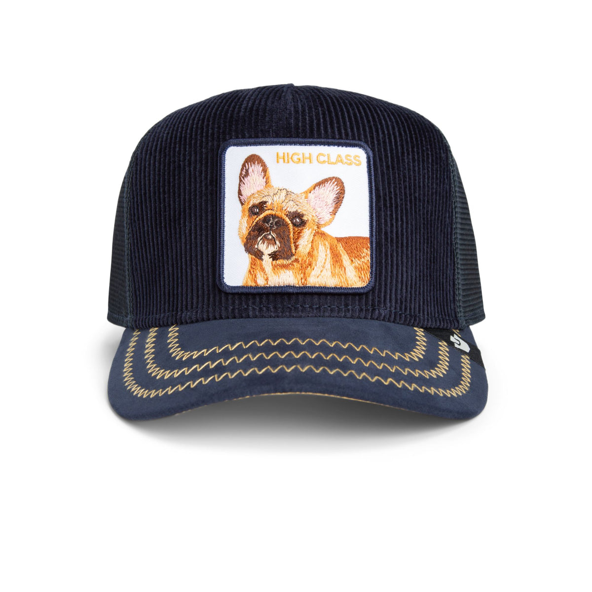 Goorin High Class Remix Trucker Hat - navy corduroy crown with gold stitching and a Frenchie patch.