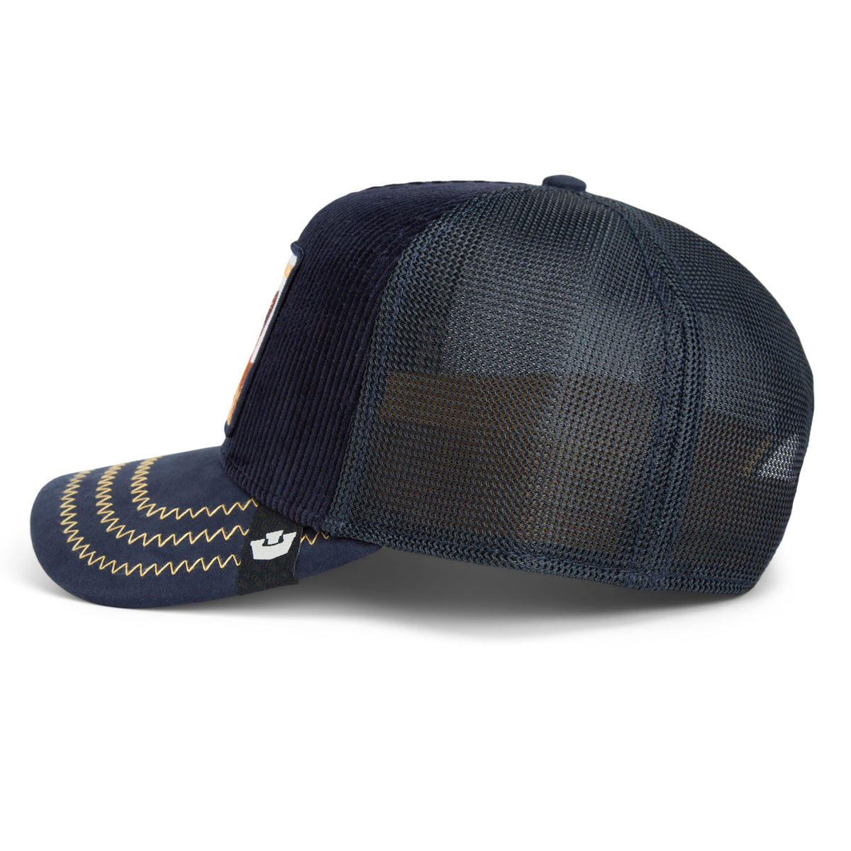 Goorin High Class Remix Trucker Hat navy corduroy mesh hat with gold stitching and Frenchie patch by Goorin