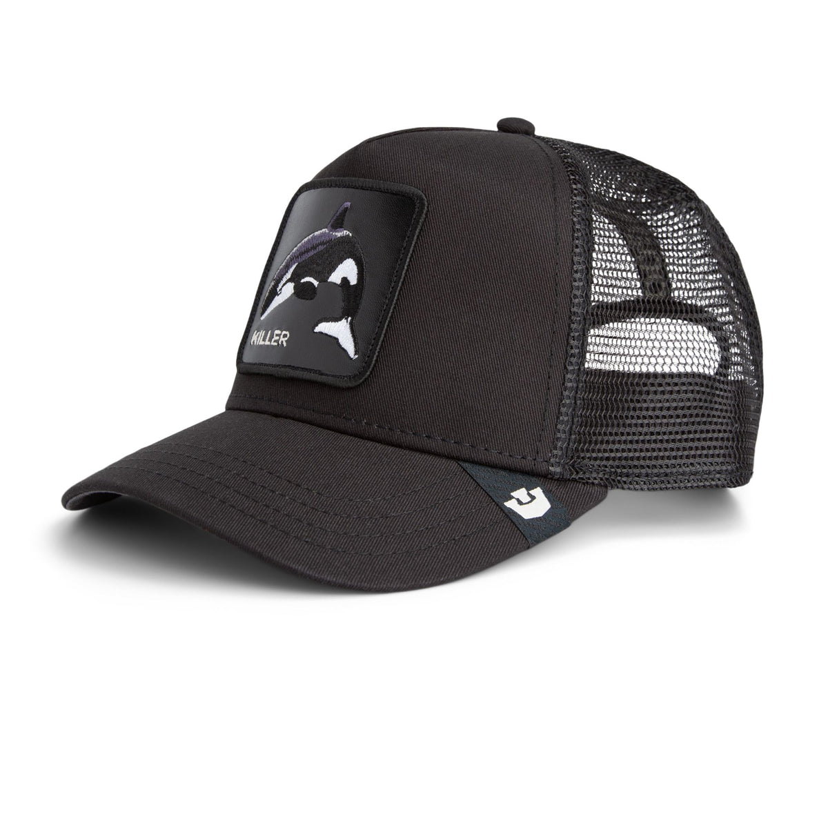 Goorin Killer Trucker Hat featuring a killer whale patch on a black trucker cap.