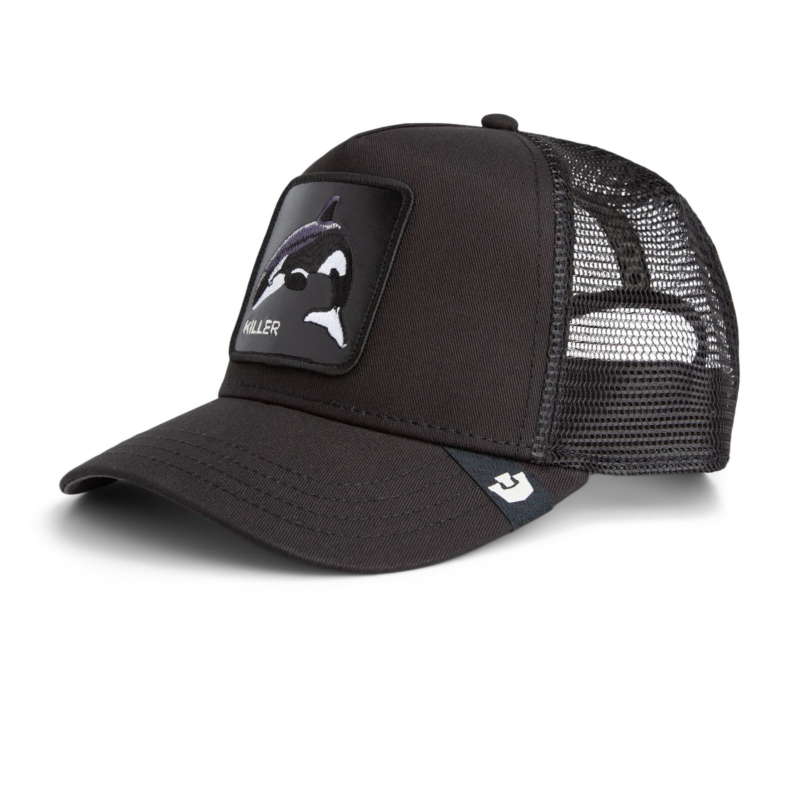 Goorin Killer Trucker Hat with a bold killer whale patch on a black cap for subtle, edgy style.