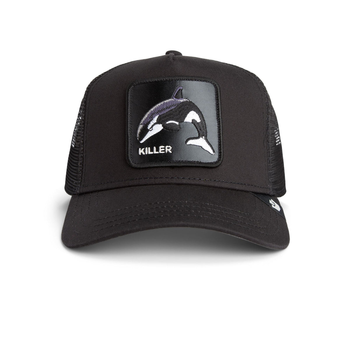 Goorin Killer Trucker Hat with a bold killer whale patch on a black cap for subtle, edgy style.