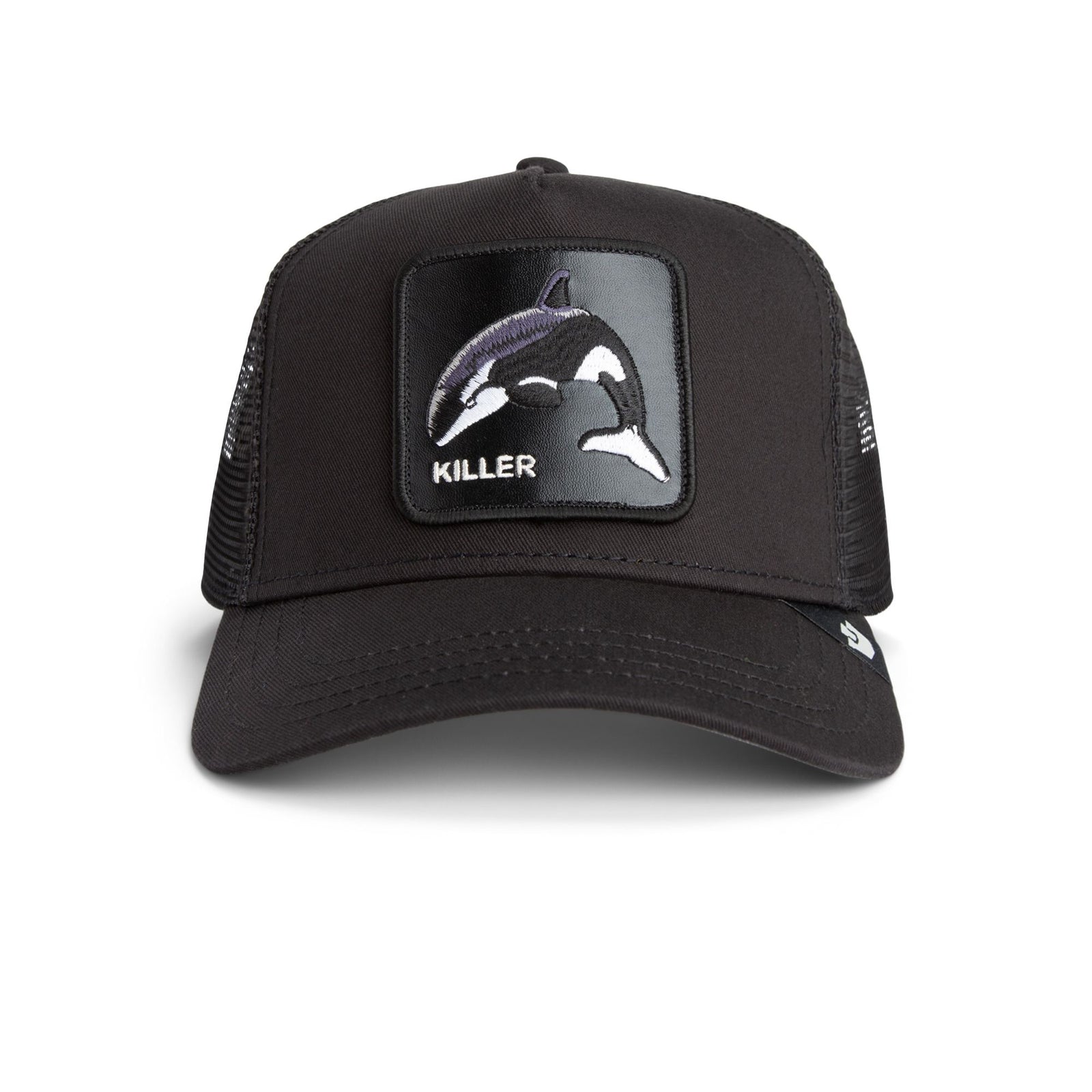 Goorin Killer Trucker Hat with a bold killer whale patch on a black cap for subtle, edgy style.