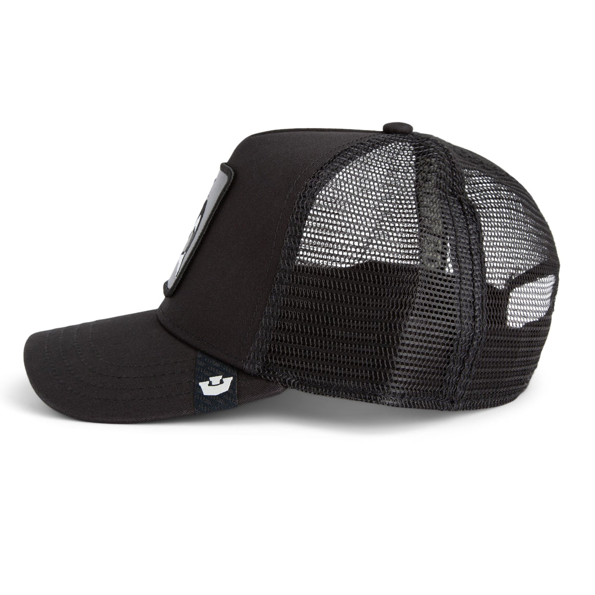 Goorin Killer Trucker Hat: black trucker cap with mesh back and killer whale patch.