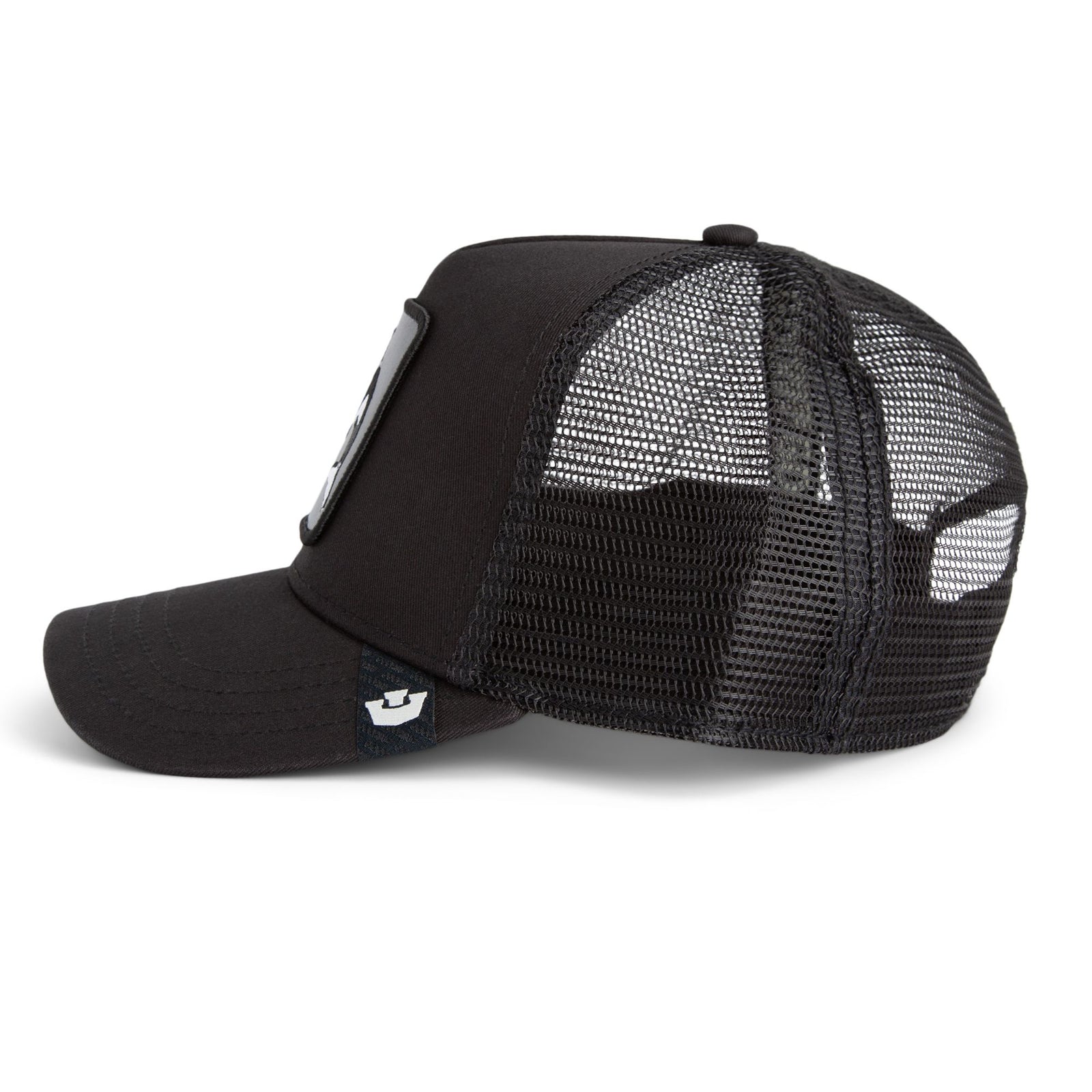 Goorin Killer Trucker Hat: black trucker cap with mesh back and killer whale patch.
