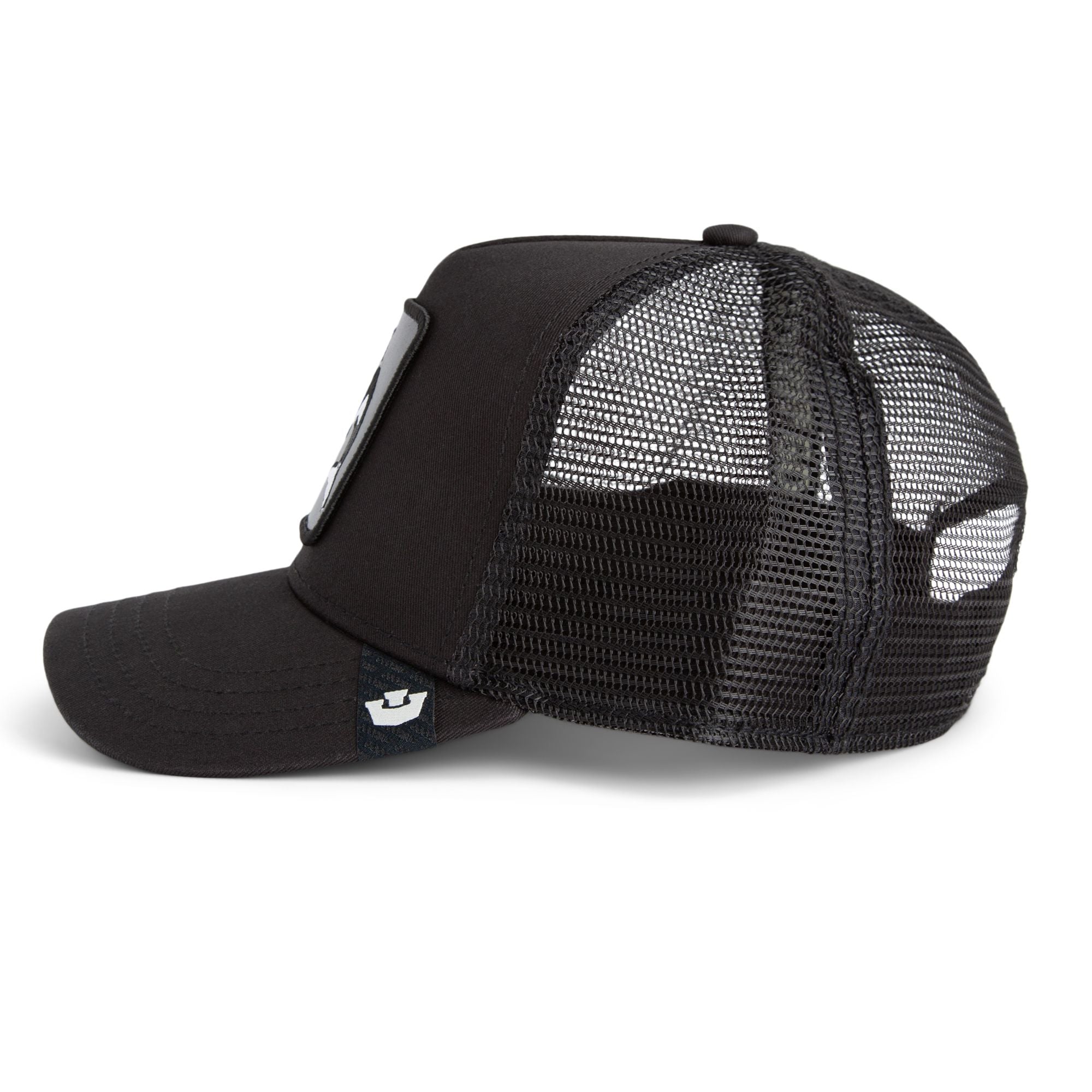 Goorin Killer Trucker Hat: black trucker cap with mesh back and killer whale patch.