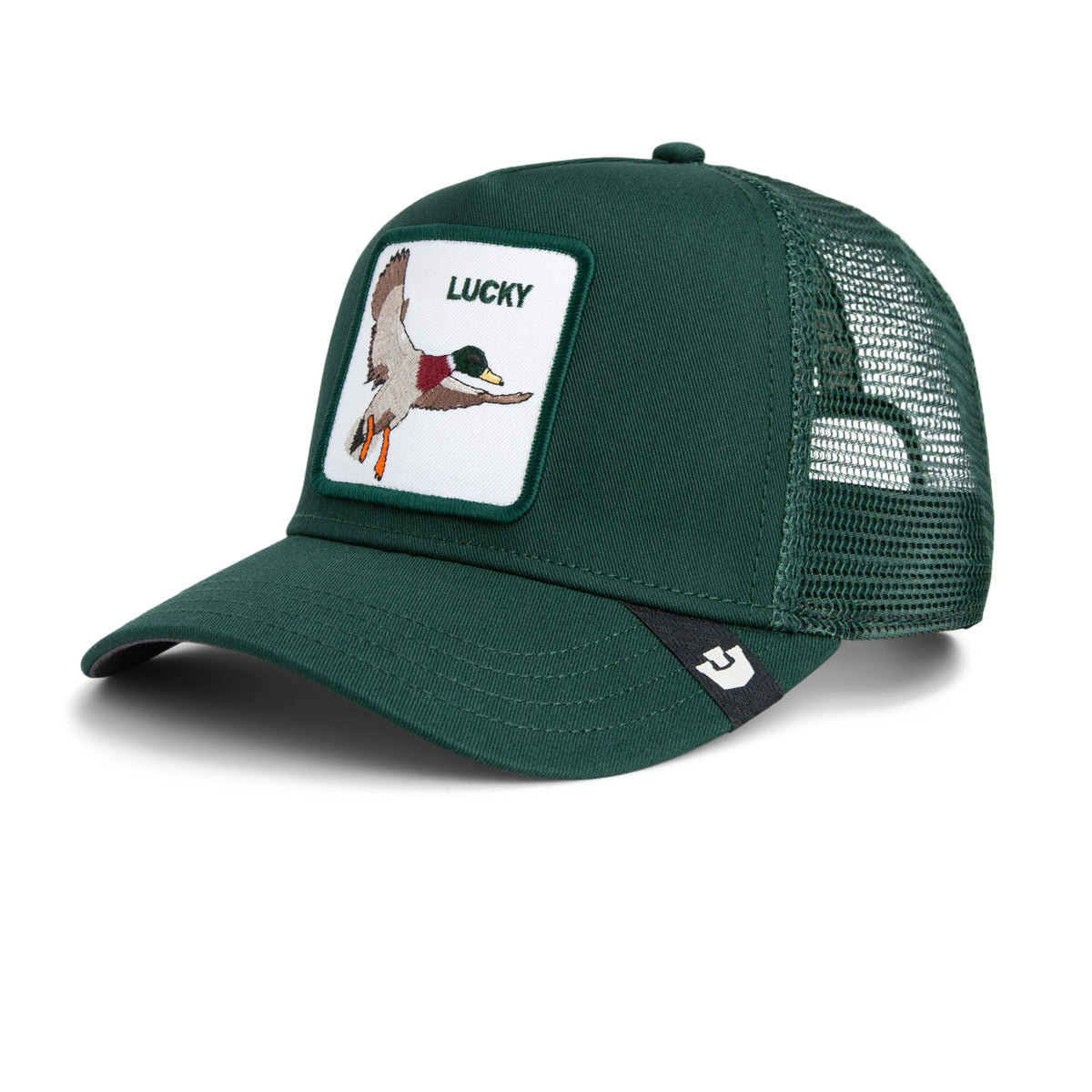 Goorin Lucky Duck Trucker Hat with green front and mesh back, featuring the duck patch.