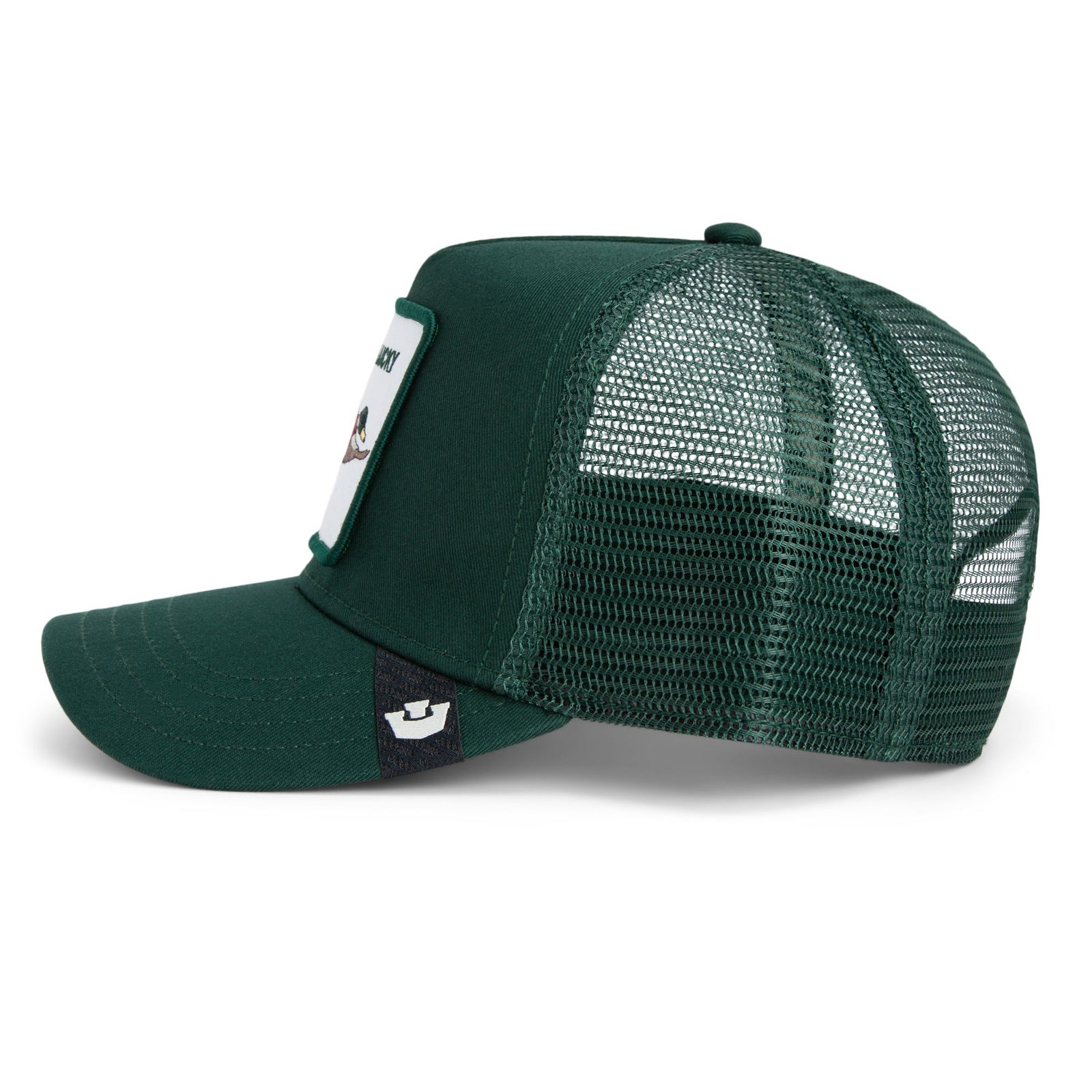 Goorin Lucky Duck Trucker Hat from Goorin Bros: green front panel, duck patch, mesh back.