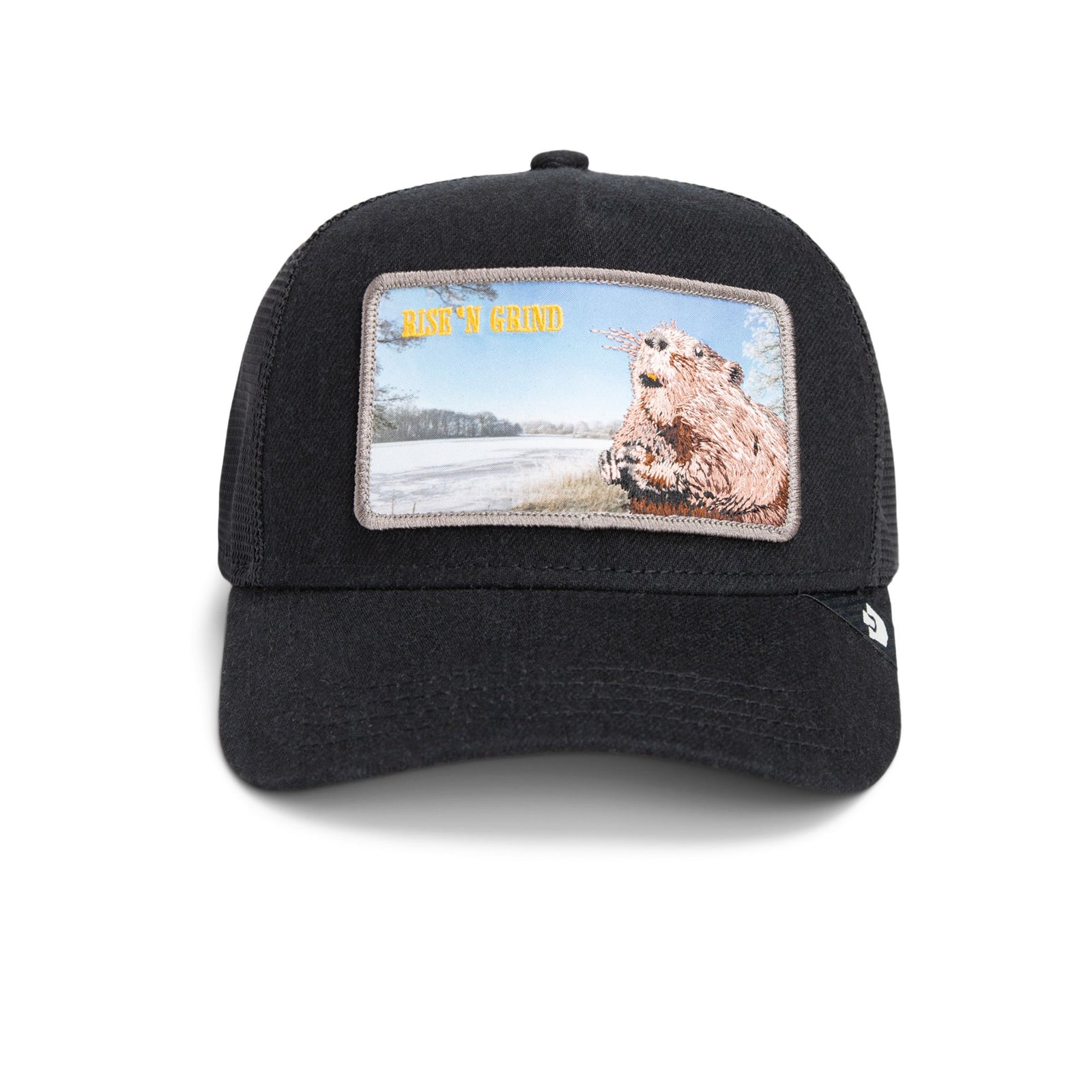Goorin Morning Wood Trucker Hat in dark denim with Rise 'N Grind patch, bold adventure cap.