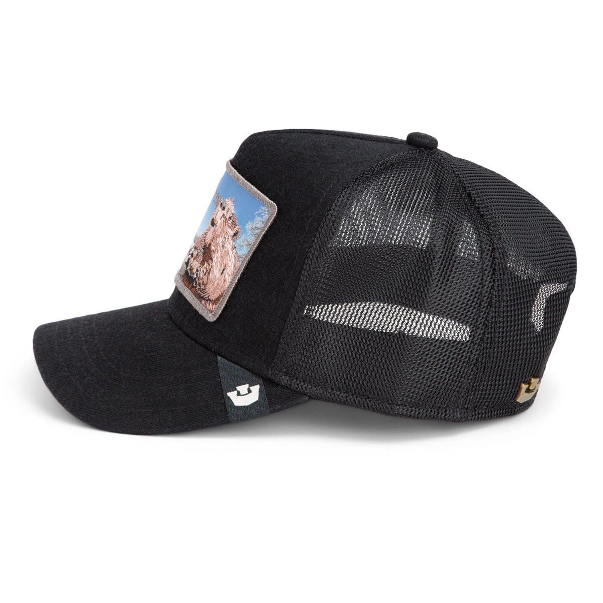 Goorin Morning Wood Trucker Hat - black denim front, wildlife patch, mesh back, bold outdoor vibe