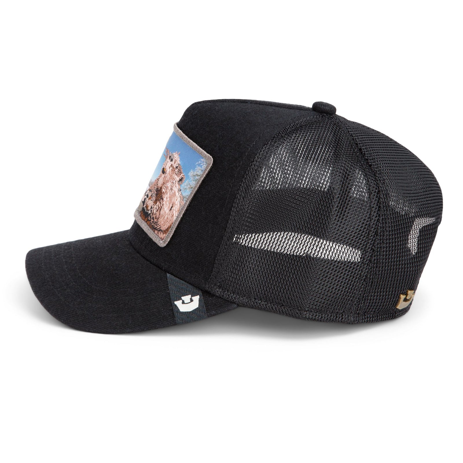 Goorin Morning Wood Trucker Hat - black denim front, wildlife patch, mesh back, bold outdoor vibe