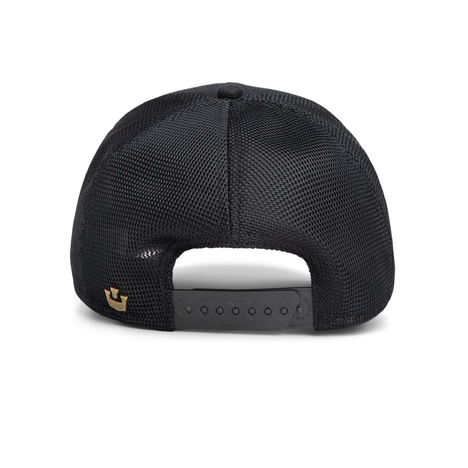 Goorin Morning Wood Trucker Hat back view on black mesh trucker cap with adjustable snap.